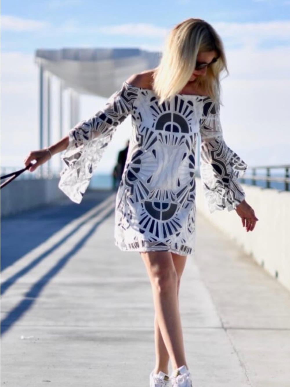 Indikah Sz M White w/denim blue & charcoal accents off shoulder mini dress